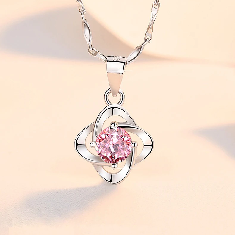 

luxury pink diamond flower charm pendant 925 sterling silver 4 leaf clover shape necklace women jewelry, White gold