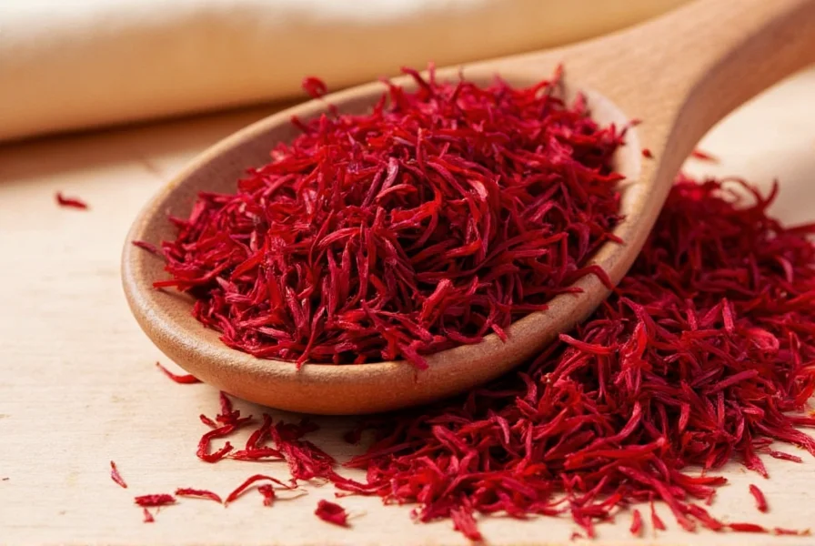 Close-up photograph of high-quality saffron threads showing deep red color and minimal yellow styles, with measuring scale for size reference