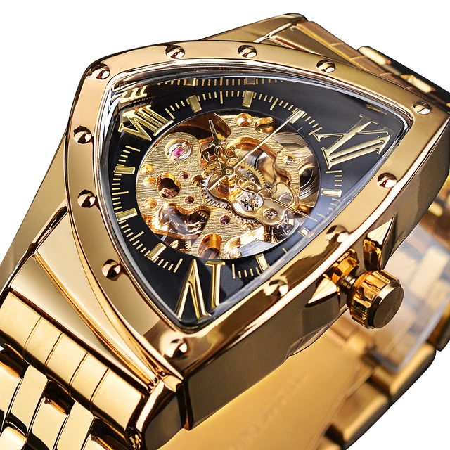 Forsining New Arrive Men Skeleton Automatic Mechanical Watch Gold Vintage Man Watch Triangle Wristwatches Luxury Luminous Clock