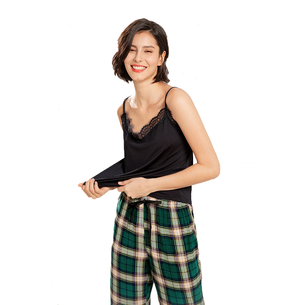 

2021 summer trendy casual green plaid pants sets sleeveless cami sexy 2 piece women set clothing boutique pajamas sleepwear, Black and green plaid