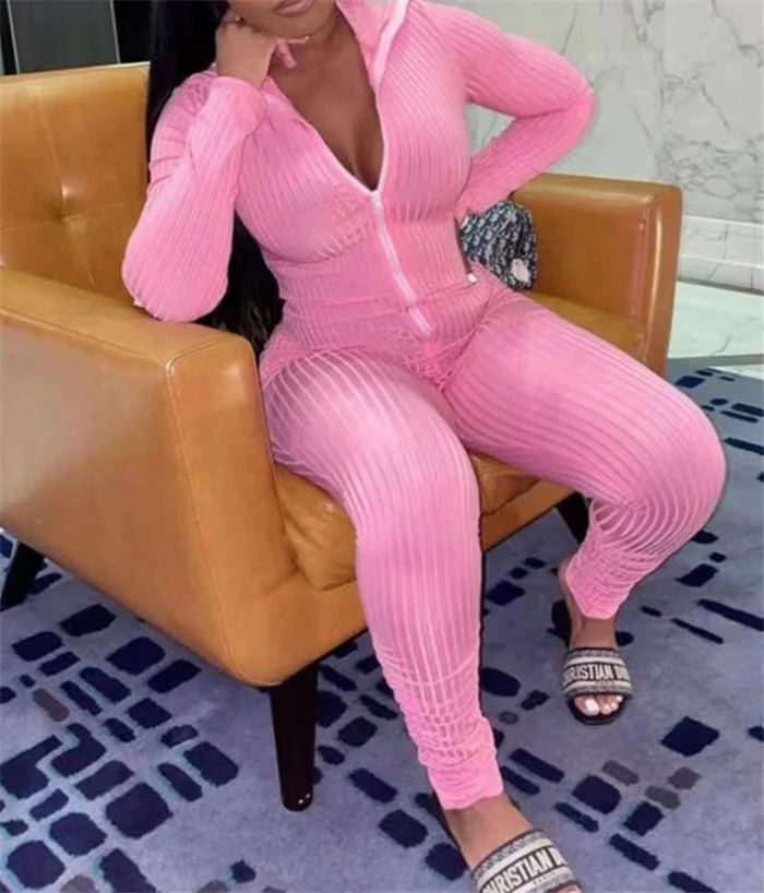 

Y8405-women fall jumpsuit 2021 casual knitted rib long sleeve bodycon pink jumpsuit, Picture shown