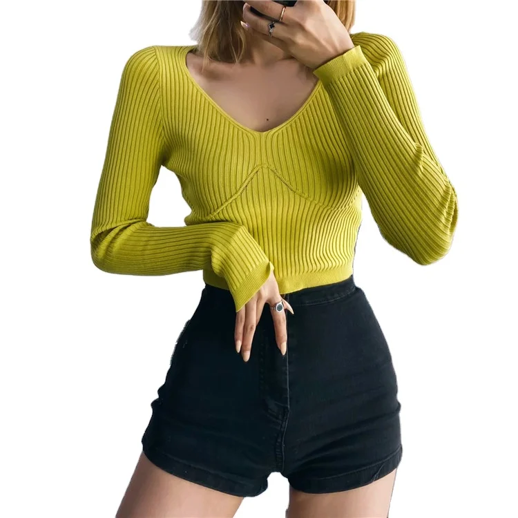 

Wholesale Womens Clothing Sexy Deep V-Neck High-Waist Sweater Women'S Autumn Casual Fashion Pure Color Wild Short Sweater, White, yellow, purple, black, coffee color