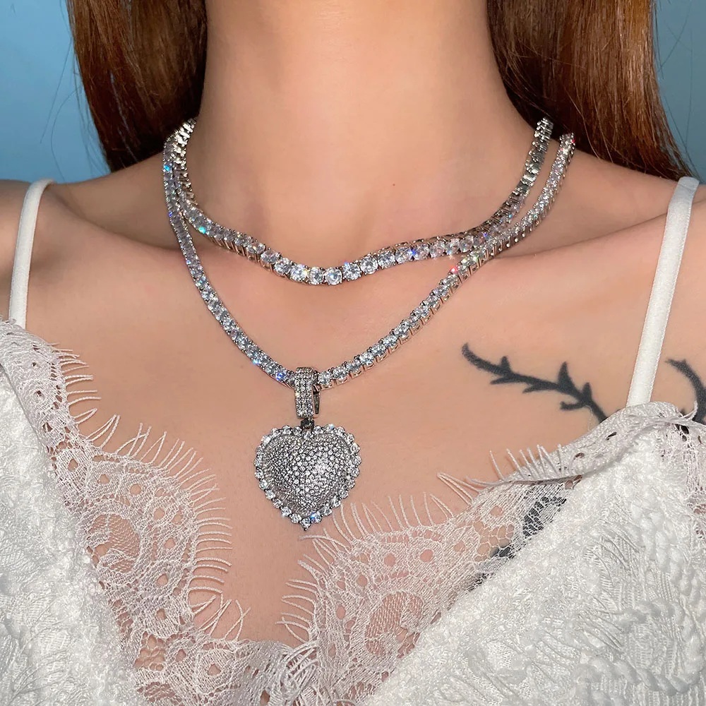 

2022 women iced out jewelry hip hop gold silver heart charm pendant chain tennis necklace