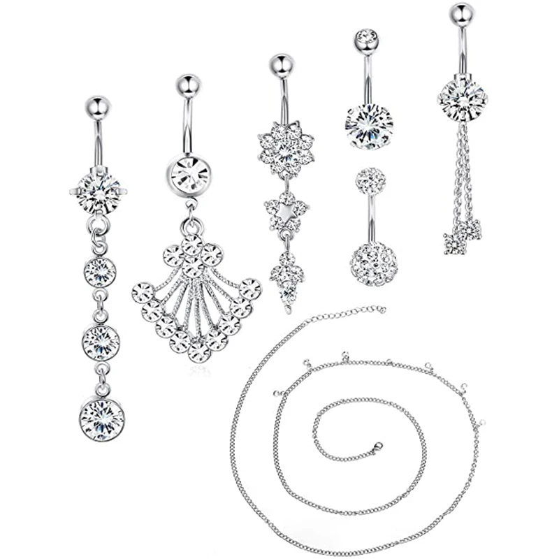 

6- 8Pcs/Set 14G Waist Belly Chain Belly Button Ring Navel Stainless Steel Jewelry Body Piercing Jewelry, Silver color