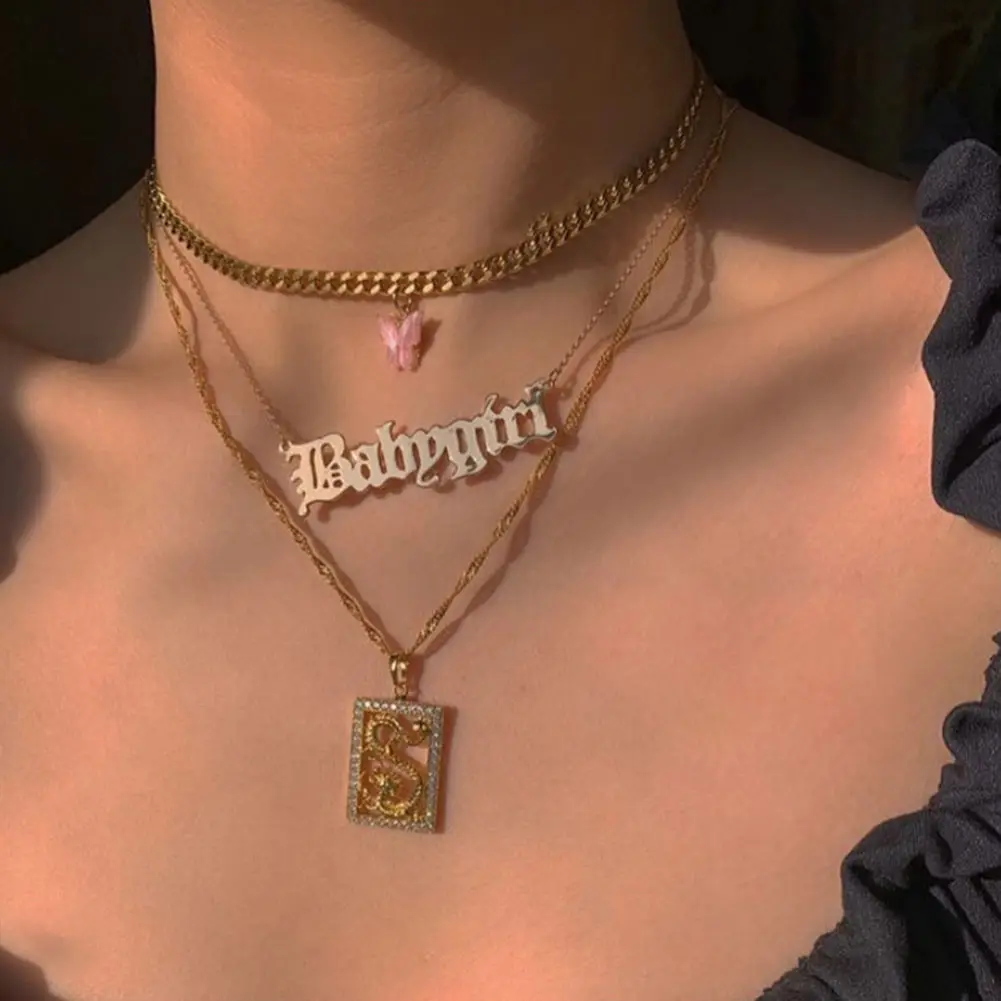 

New Desgin Bohemian Trendy Jewelry Pink Choker Babygirl Square Crystal Dragon Butterfly Pendant Multilayer Necklace, Gold color