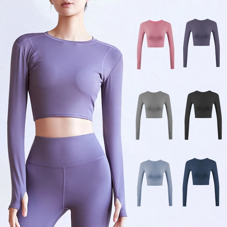 

Fitness Long Sleeve European Hot Style Running Large Size Stretch Tights Slim Breathable Yoga Clothing Women Workout Top, Can be customized