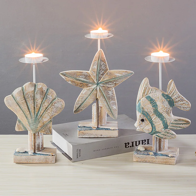 

Mediterranean style fish candlestick decoration Wooden starfish handicraft candle holder