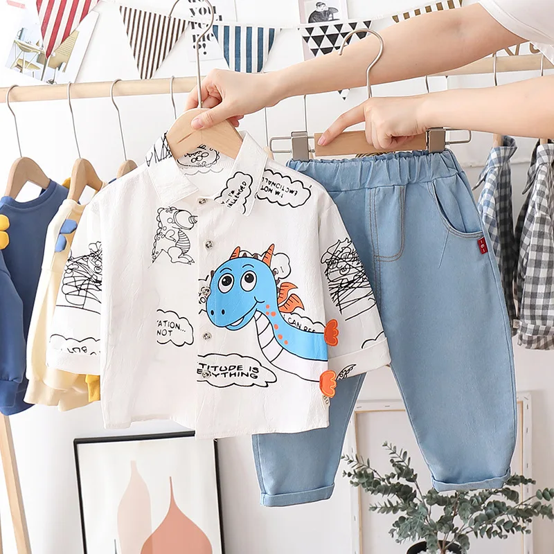 

Boys 0-4 years old new fall casual children cartoon lapel shirt single breasted long sleeve jeans two-piece set, Picture shows