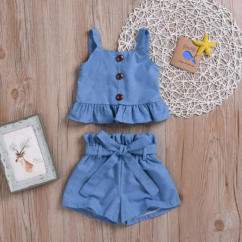 

2020 Summer Toddler Kids Girl Clothes Sets 1-5Y Denim Blue Strap Tops Shorts/Skirt Outfits Set Clothes