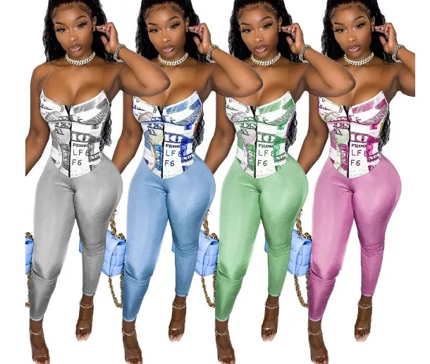 

new summer women clothing streetwear two piece corset legging set fitness money dollar pattern tops with legging pants set, As picture