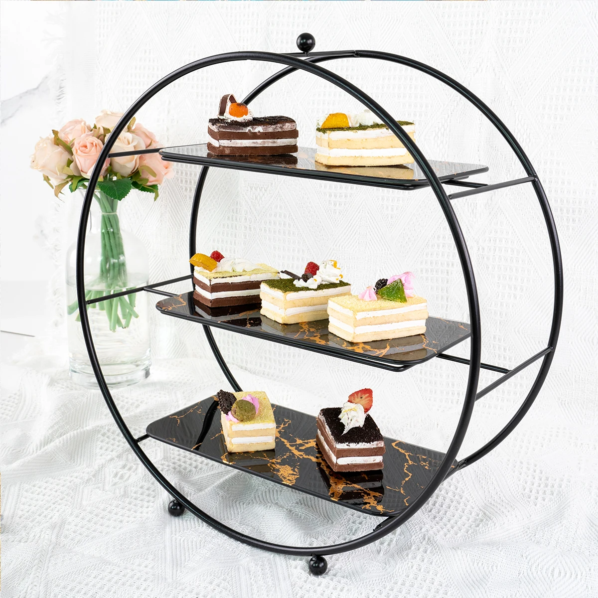 

3 Tier Cupcake Glass Tray Party Revolving Cake Stand with Metal Stand Wedding cake stand for Restaurant Hotel, Black,/gold