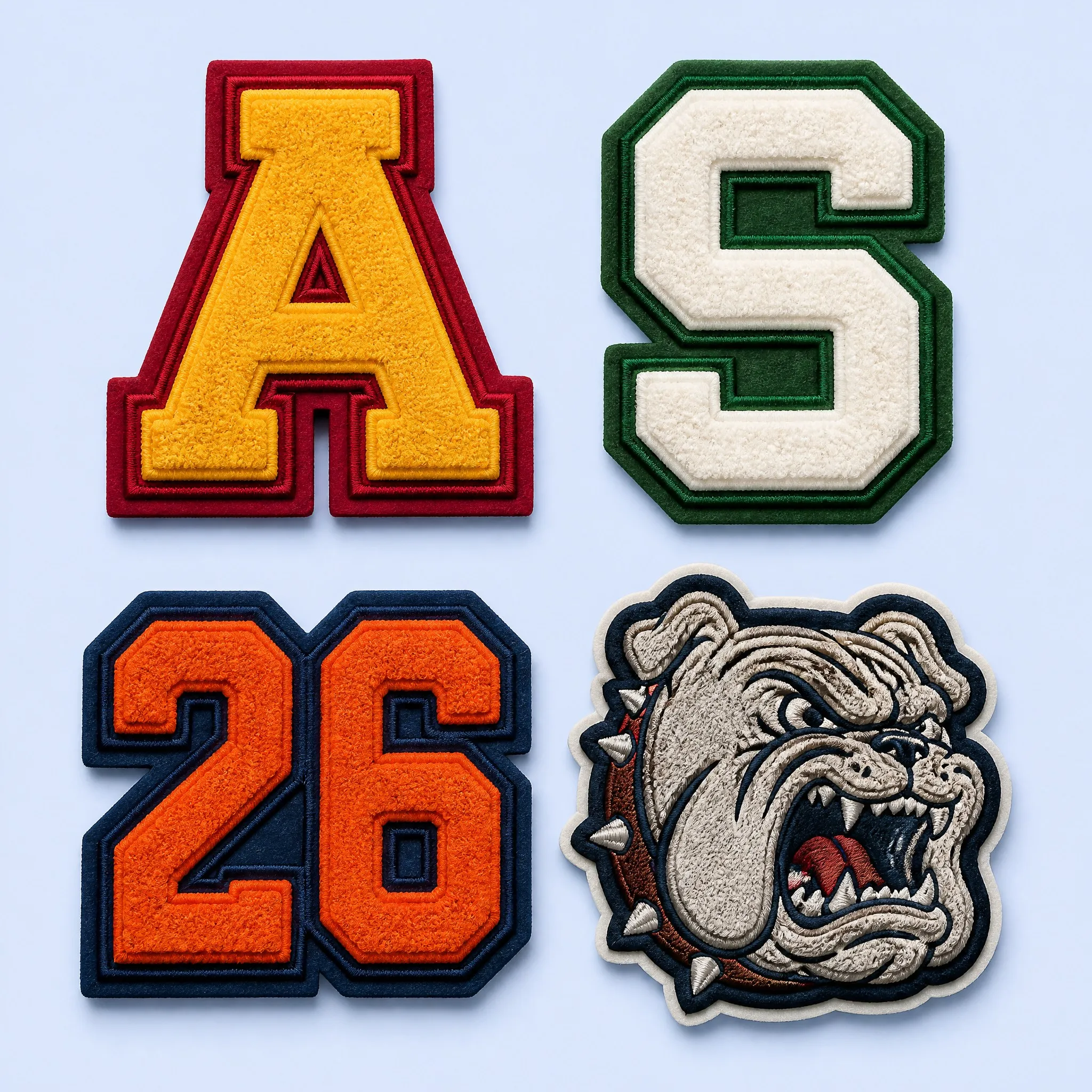 4-Piece Collegiate Collection: Gold Letter A, Ivory Letter S, Orange Number 26, and Fierce Bulldog Mascot Embroidered Patch