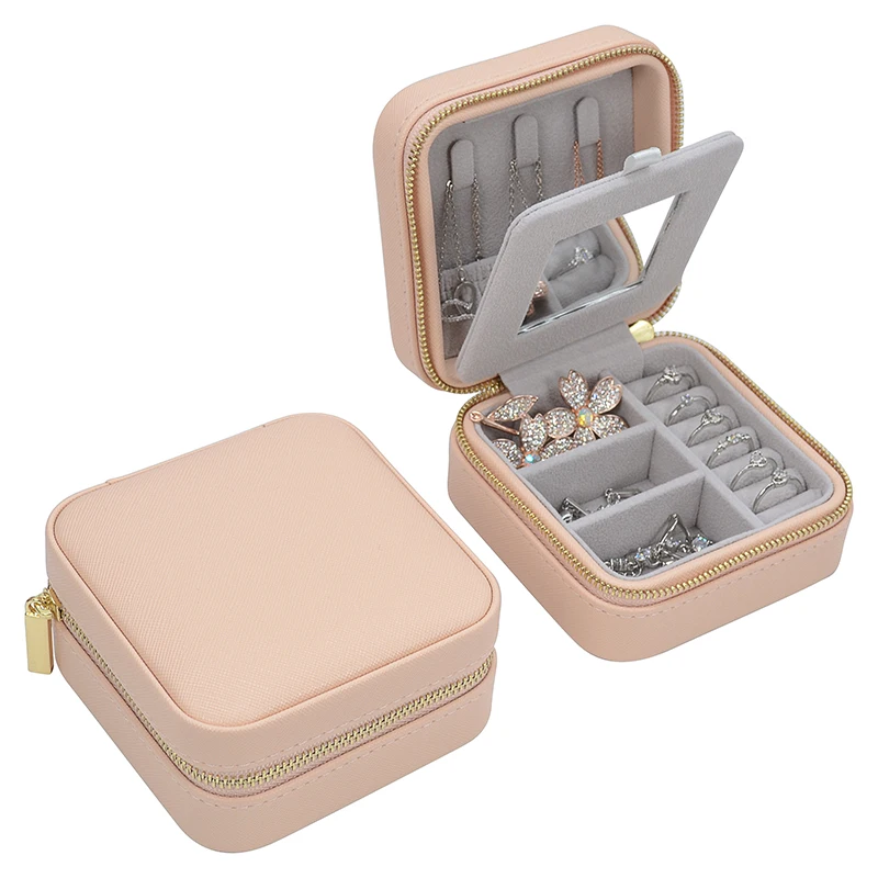 

Portable Travel Design Fashion Necklace Makeup Box With Zipper For Sale Small Custom Printed Pink Colorful Velvet Jewelry Case, Beige