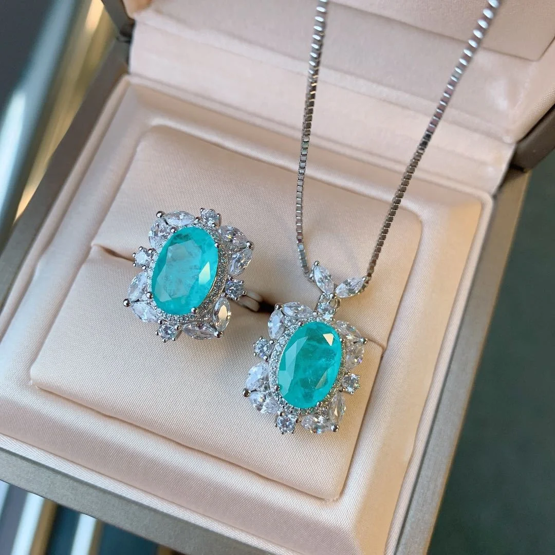 

100%925 Sterling Silver Luxury Oval Cut Paraiba Tourmaline Created Moissanite Rings/Pendant/Necklace Wedding Jewelry Sets, Customized color