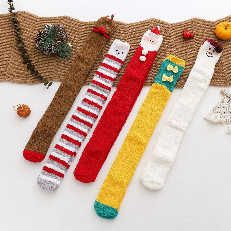 

Wholesale Funny Happy Thigh High Socks Fancy Coral Fleece Cartoon Christmas Winter Socks For Women