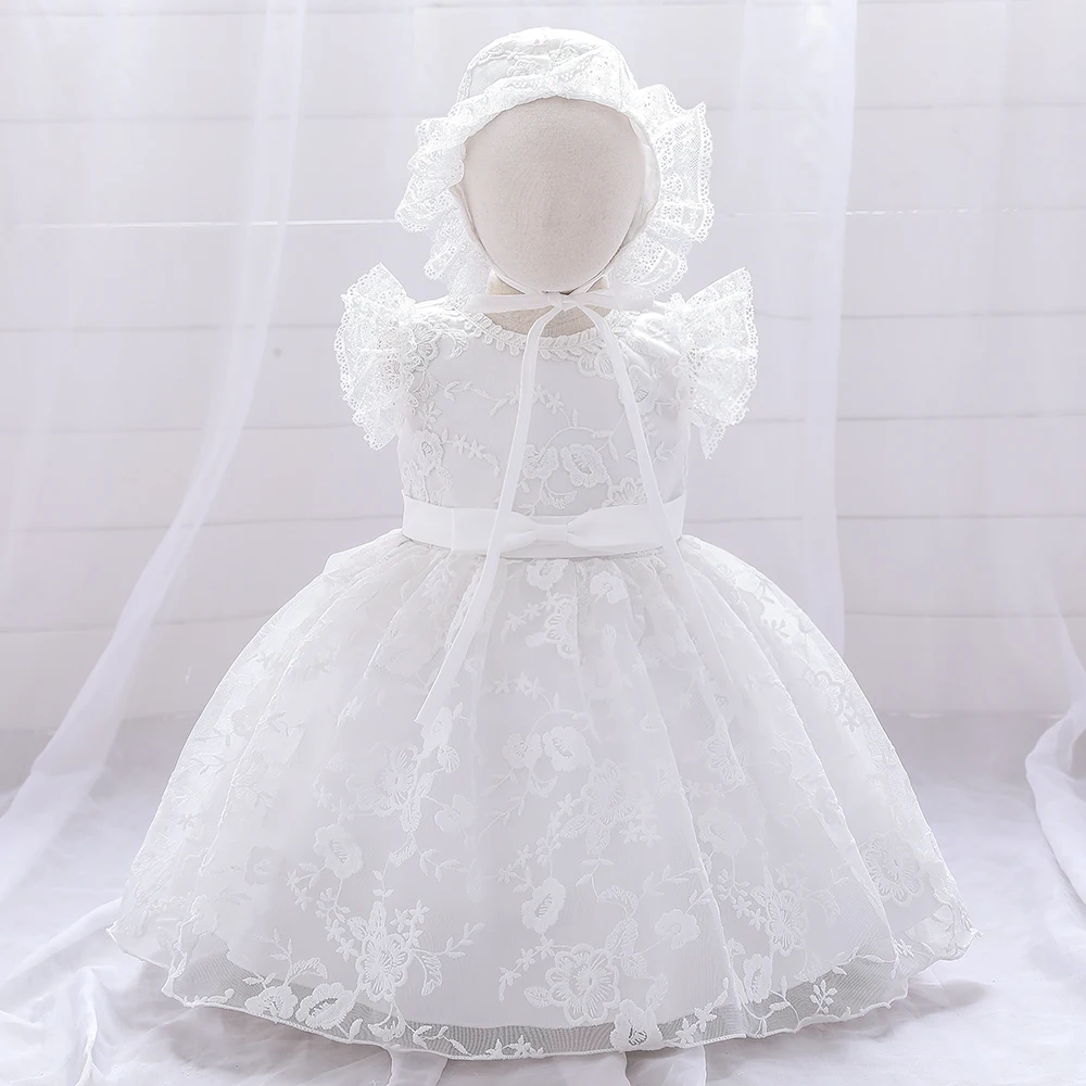 

MQATZ New Design Infant Baby Vintage Lace Clothes Newborn Christening Baptism Dress with Hat L1958xz, White