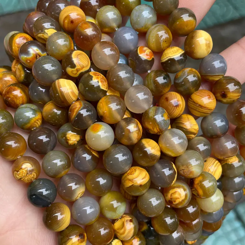 

High Quality Natural Stone Yellow Tiger Skin Agate Beads 8mm Round Loose Gemstone Beads, Yellow as picture