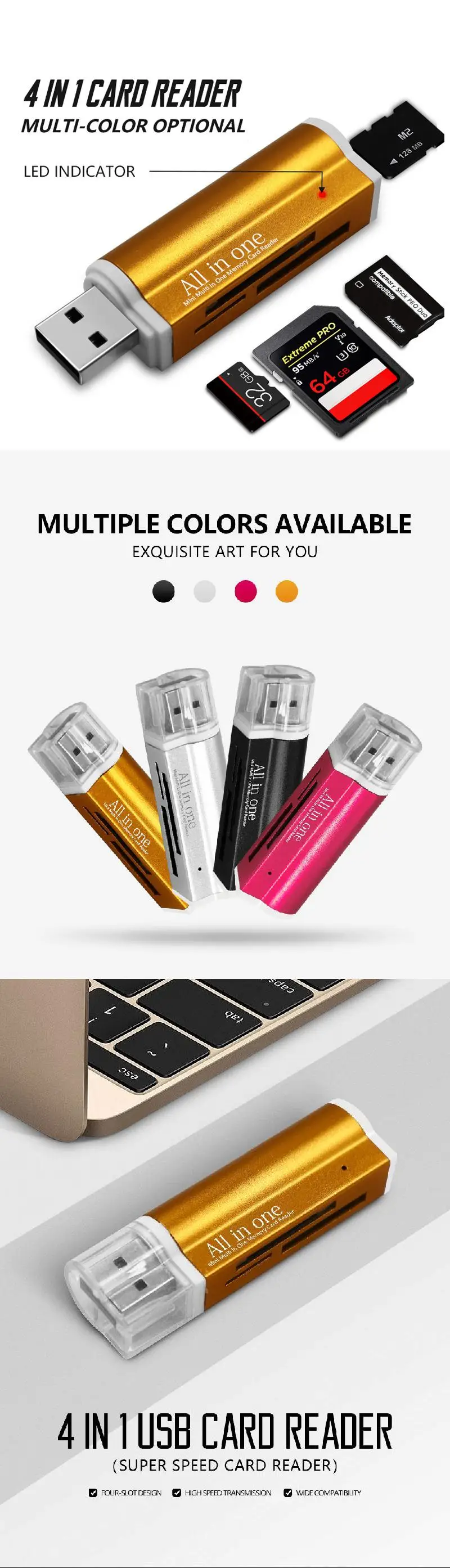 4 in 1 Aluminium Alloy Multi USB Memory Card Reader for SD TF Card Reader for PC notebook Pad - ANKUX.COM