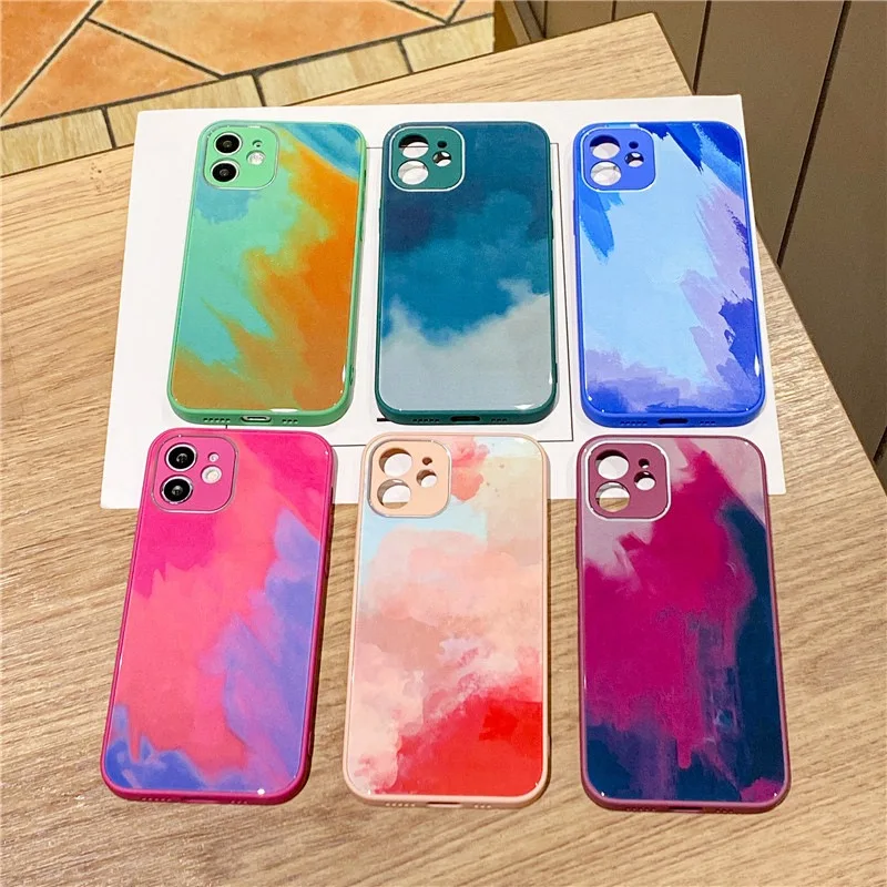 

2021 Sublimation Silicone Cover UV Printer Watercolor phone Case Rubber 9H Glass Case For iphone 12 pro max phone case with logo, 6 colors