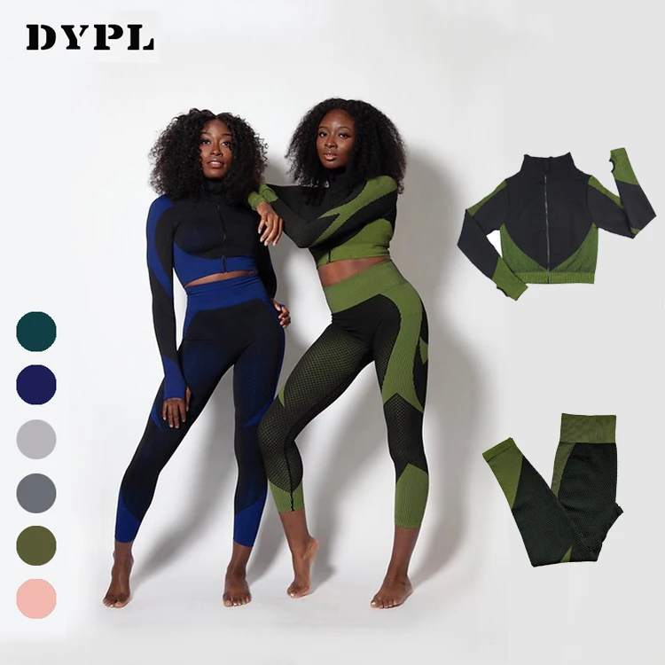 

High Waist Seamless 2 Piece Sexy Ribbed Blue Color Zipper Yoga Gym Wear Sets, Custom color
