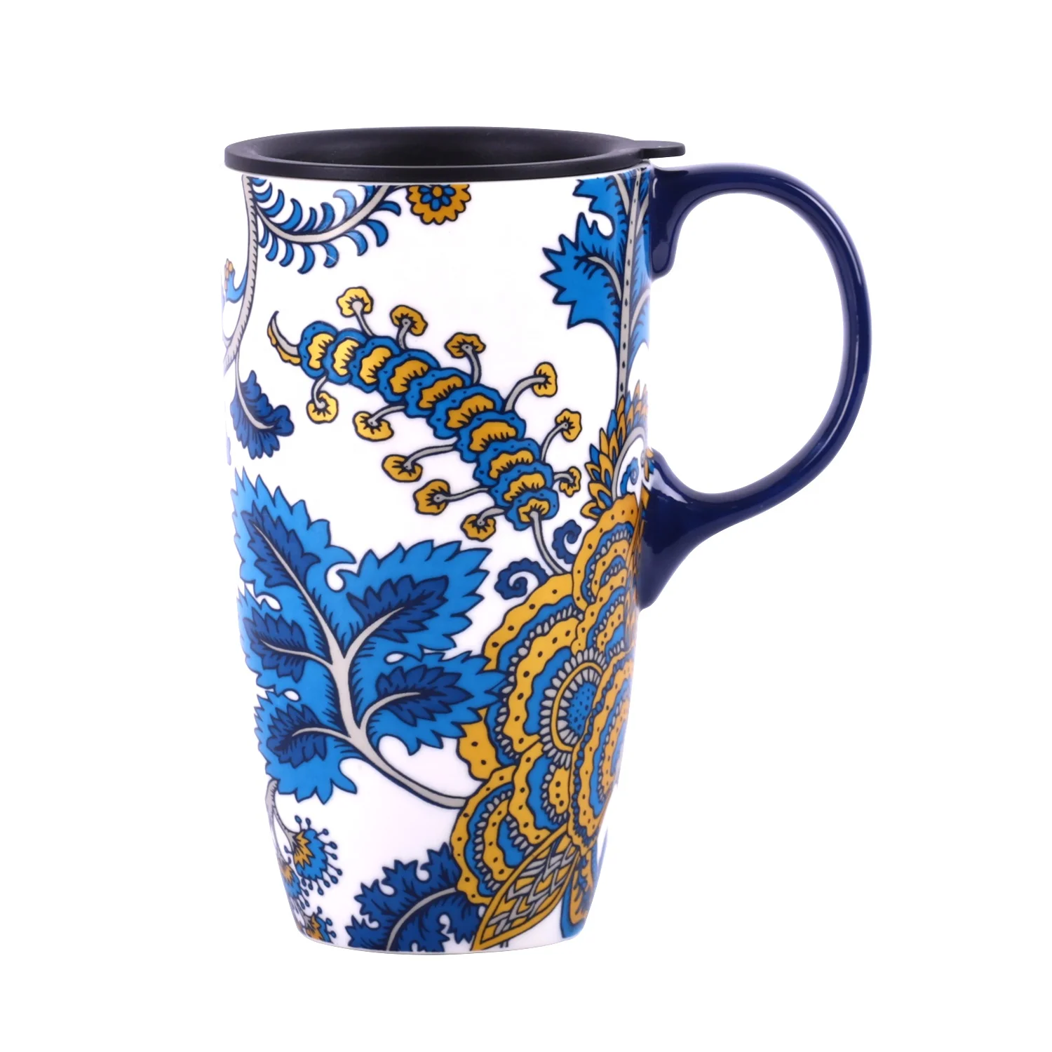 

17oz. Blue Flower Tall Coffee Cup Ceramic Mug with Lid and Handle, Customized colors acceptable