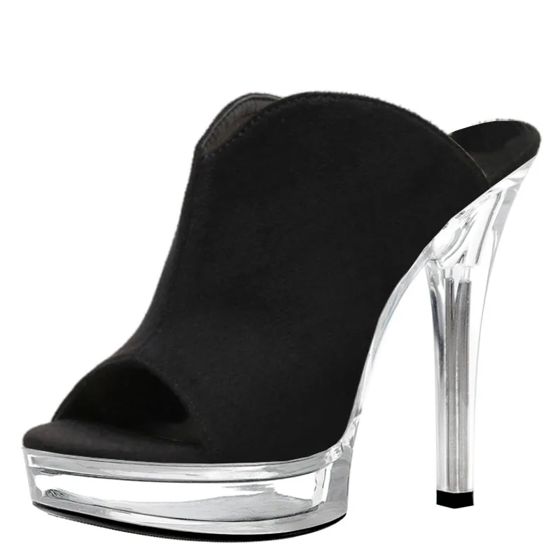 13cm Thin Heels Pole Dance Stripper Peep Toe Nightclub Black Flock Women's Gothic Bride Platform Slippers Retro Catwalk Models