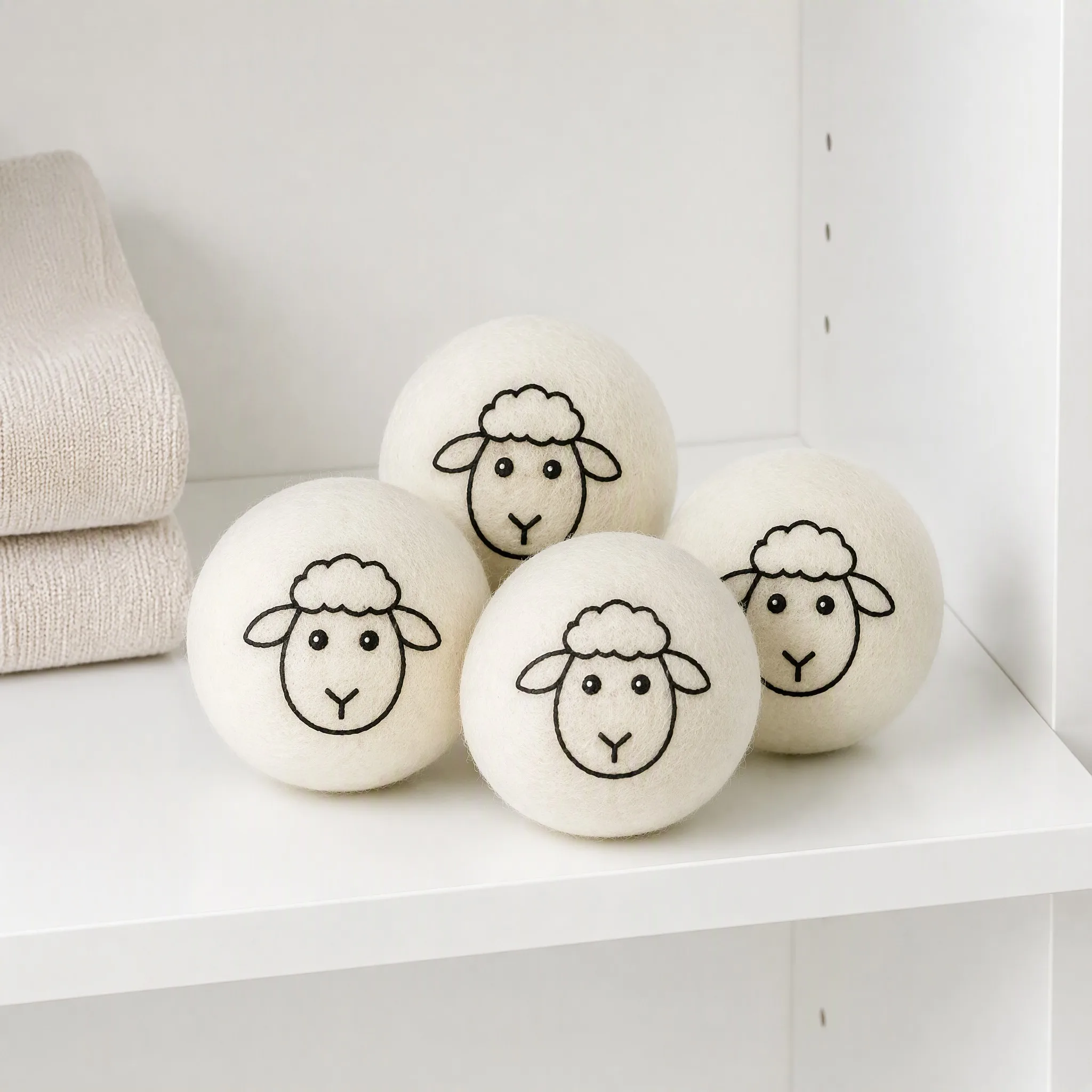 Wool dryer balls printed with a cartoon sheep mascot line art design displayed on a white shelf