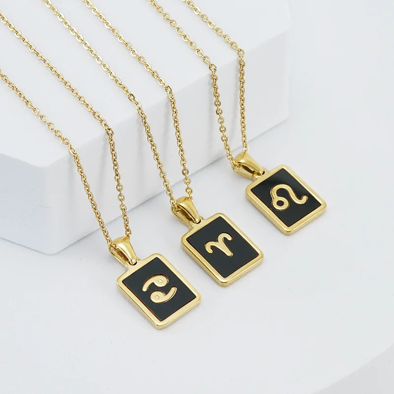 

Fashion Jewelry Stainless Steel Square 12 Zodiac Sign Pendant Necklaces 18k Gold Plated Black Acrylic Horoscope Choker Necklace