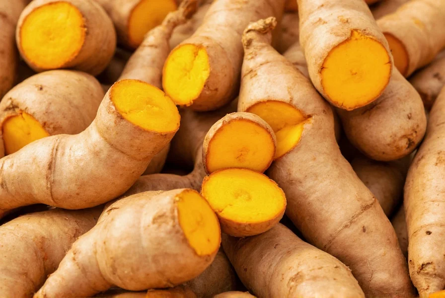 Close-up photograph of fresh turmeric rhizomes showing their knobby structure and vibrant orange interior