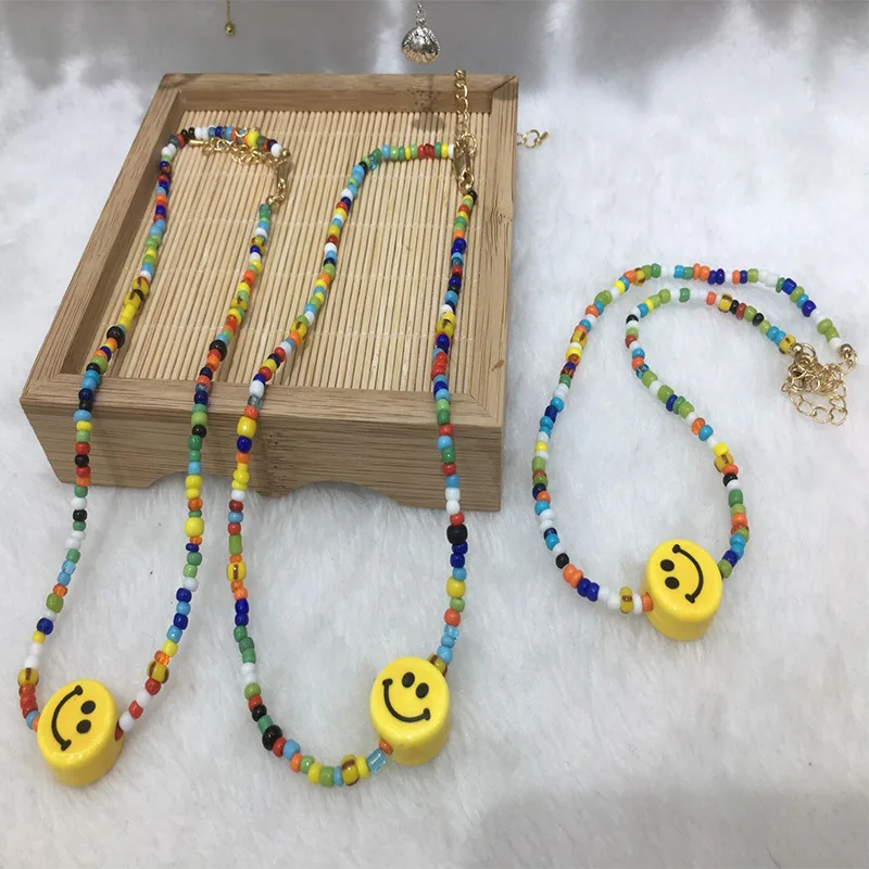 

Bohemian Handmade Smiley Face Necklace Rainbow Beaded Chain Choker Beaded Necklace, Multicolor