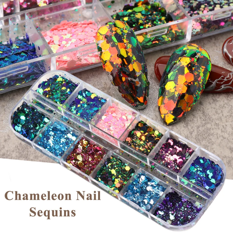 

12 Grids/Set Mixed Sizes Holographic Chameleon Glitter Hexagon Nail Sequins Thin Slice Flakes Acrylic Nail Art, 12 mixed colors