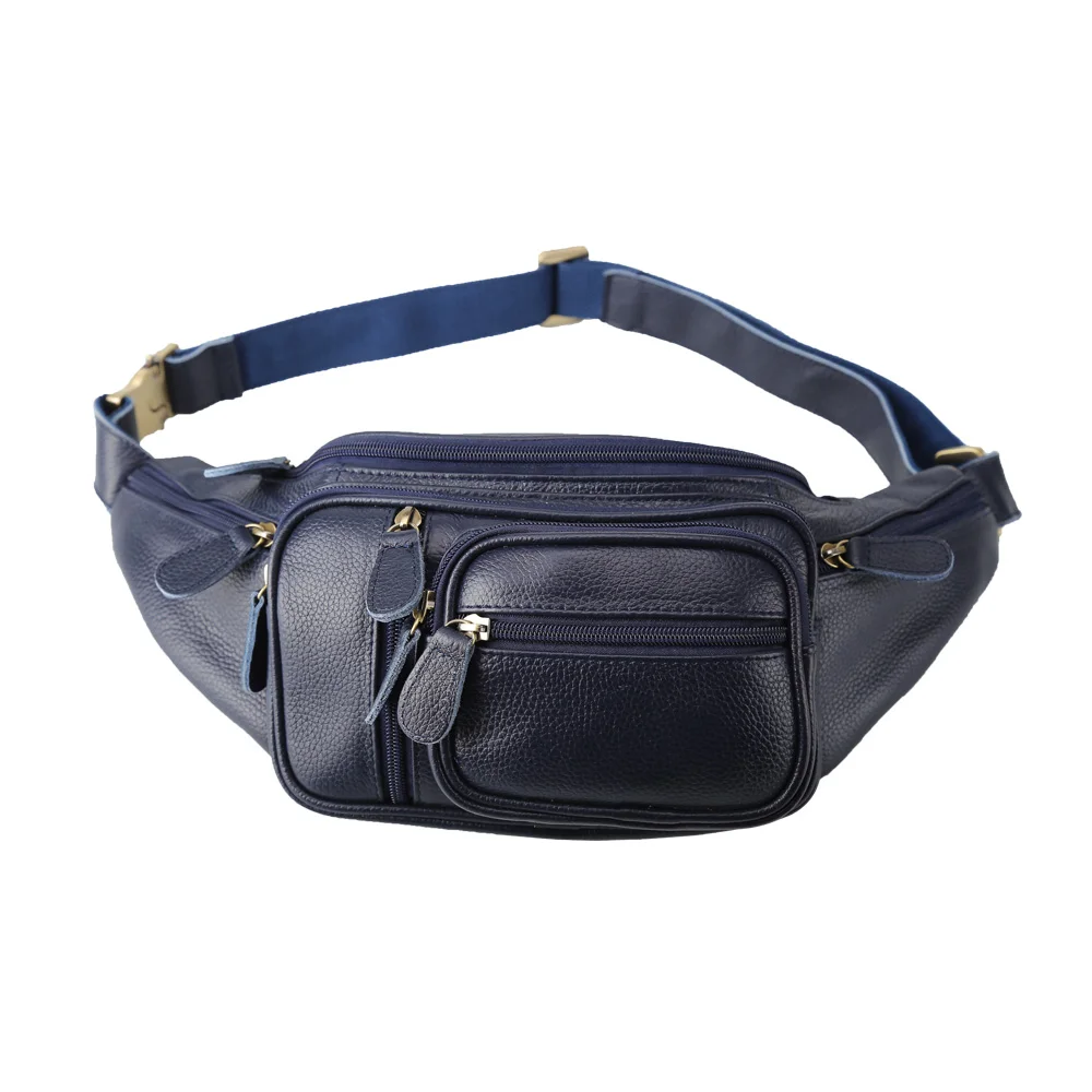 

TIDING Customized Logo Waterproof Fashion Cow Hide Litchi Leather Fanny Pack Blue Leather Waist Bag, Customized color