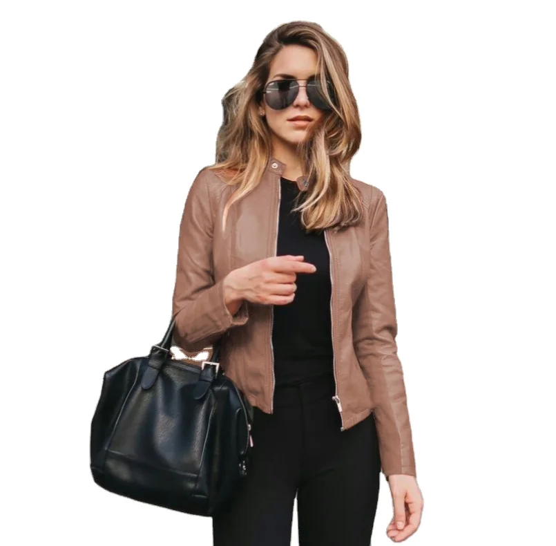 

Plus Size Good Price Solid Color Women Fashion PU Jacket Hot Sale Zip Up Slim Casual Jacket Blazer for Women