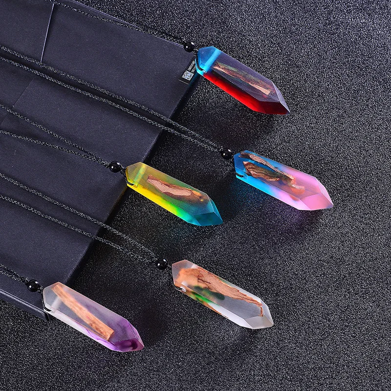 

Fashion creative retro time solidified black rope solid wood resin sweater chain necklace, Multi color