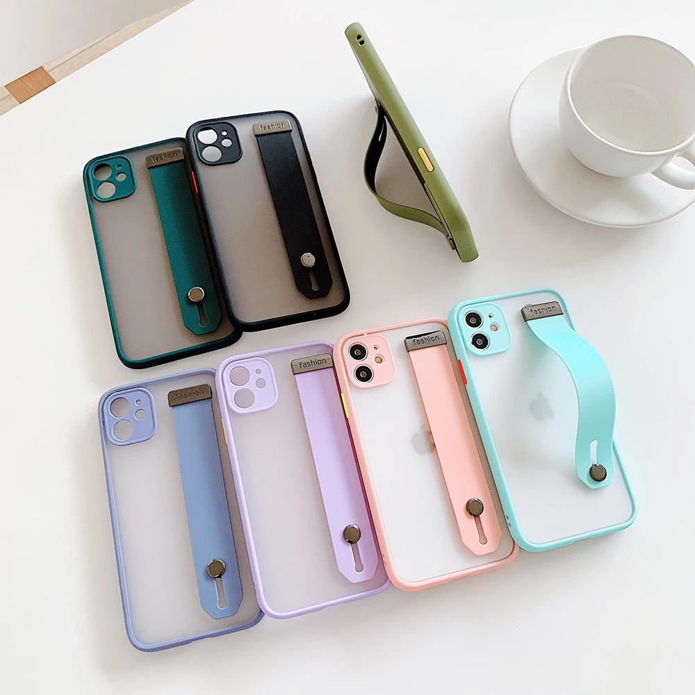 

For iPhone 12 Mini 11 Pro Max XR XS Max 7 8 Plus SE 2020 Case Camera Protection Cases Candy Color Wrist Strap Holder Luxury Case