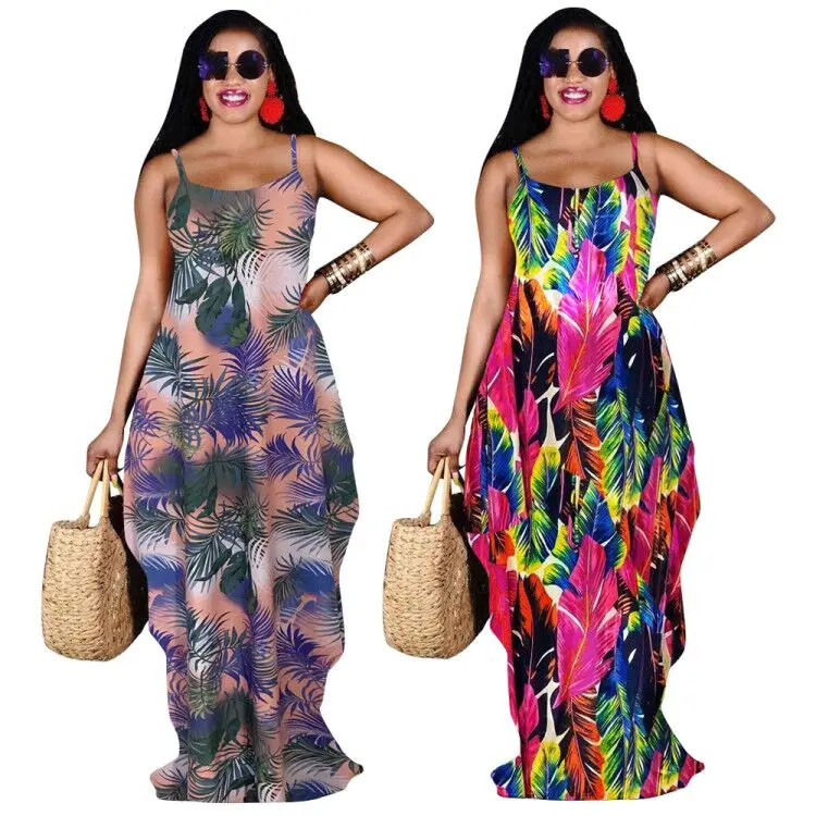 

Hot sell maxi printed casual summer suspender dresses women fashion stylish printed woman dresses new arrivals