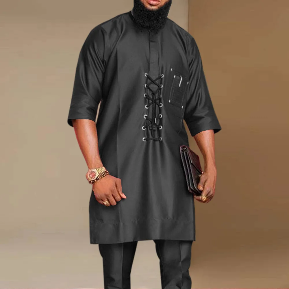 

Europe&American new trendy mid-length shirt men loose bandage solid color autumn hot sale middle east robe islamic clothing, Black or customized