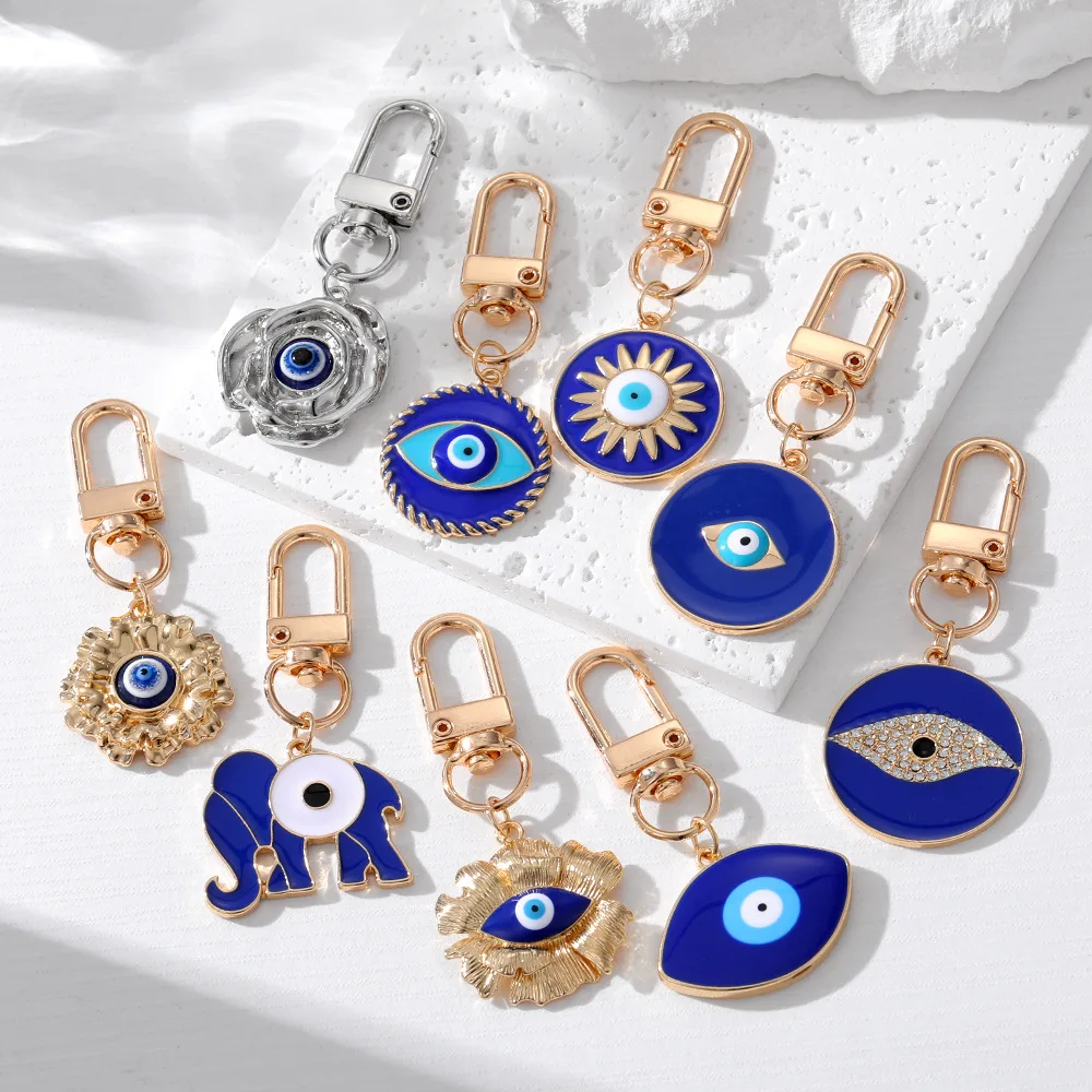 

Blue Enamel Evil Eye Disc Charm Key Ring Alloy Cute Elephant Pendant Keychains For Bag Charm