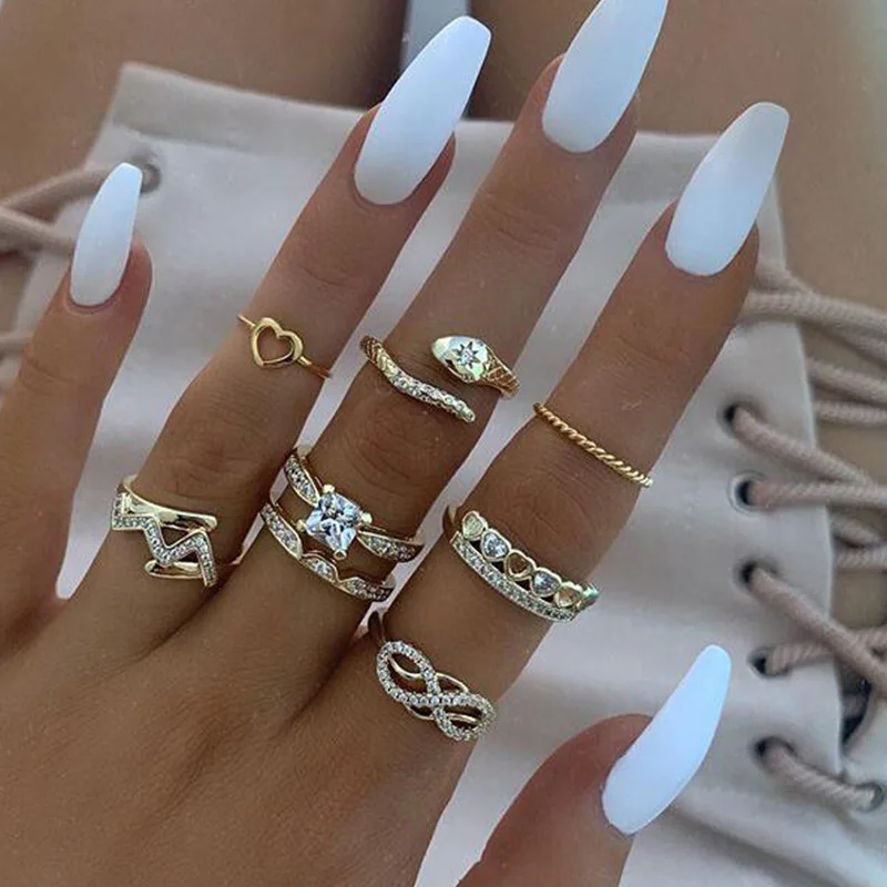 

8pcs/set 2021 fashion bow heart crystal snake finger ring women