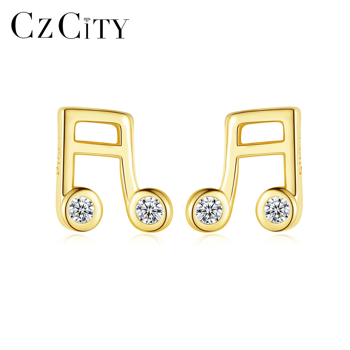 CZCITY 925 Small Sterling Silver Jewelry Note Shape Gold Plated Women Stud CZ Earrings Wholesale