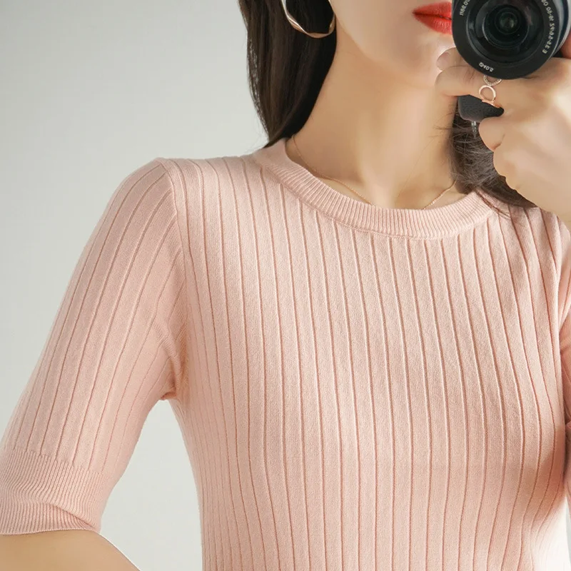 

New Spring Summer RTS Crew Neck Half Sleeve Rib Knitted Pullover Sweater Women, As photo or customized