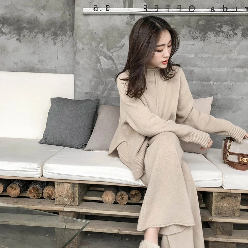 

Women Cable Knit Turtleneck High Collar Pullover Sweater Pant two piece Sets Loose Style Chunky Sweater Suits for Autumn Winter