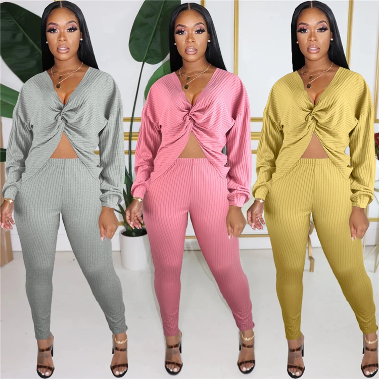 New Sexy Fashion Casual V Neck Solid Color Top And Pants Sexy 2 Pcs Track Suit Outfits Two Piece Set Women Clothing