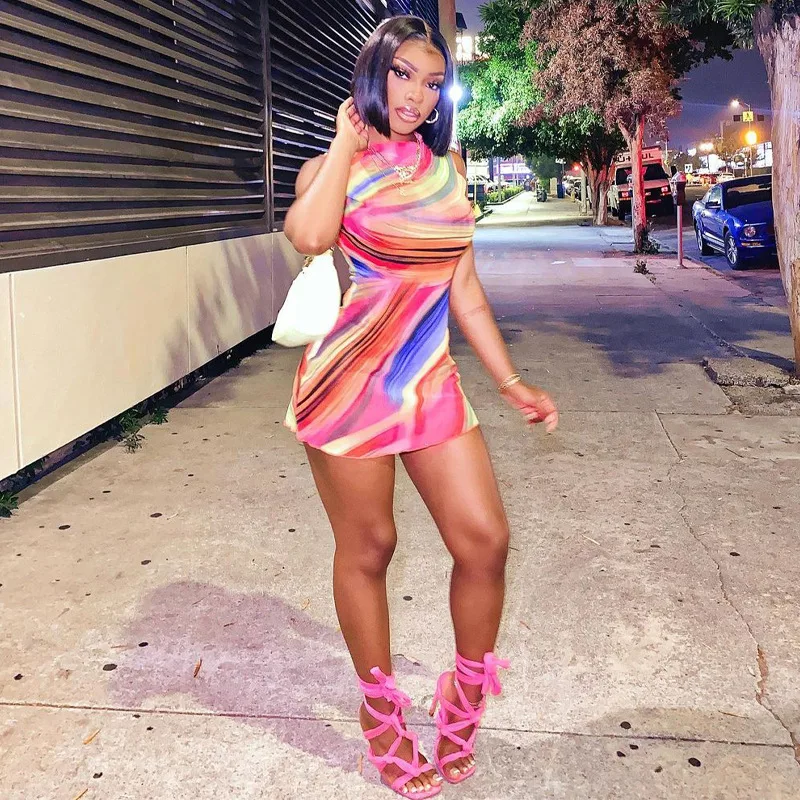 

Wholesale 2021 summer new design crew neck bodycon mesh tie dye sleeveless sexy mini dresses for women, Photo shows