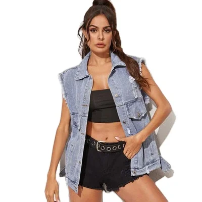 

Distressed denim sleeveless jacket women vest jean jackets, Blue