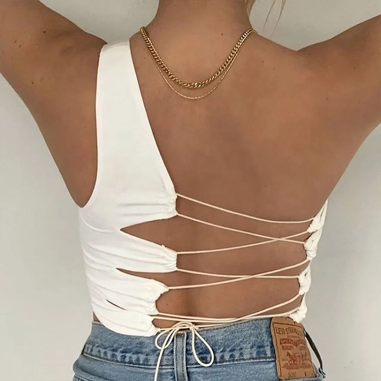

Sexy Slim Tank Top Women Single Shoulder Halter back drawstring Vest Women, White,black