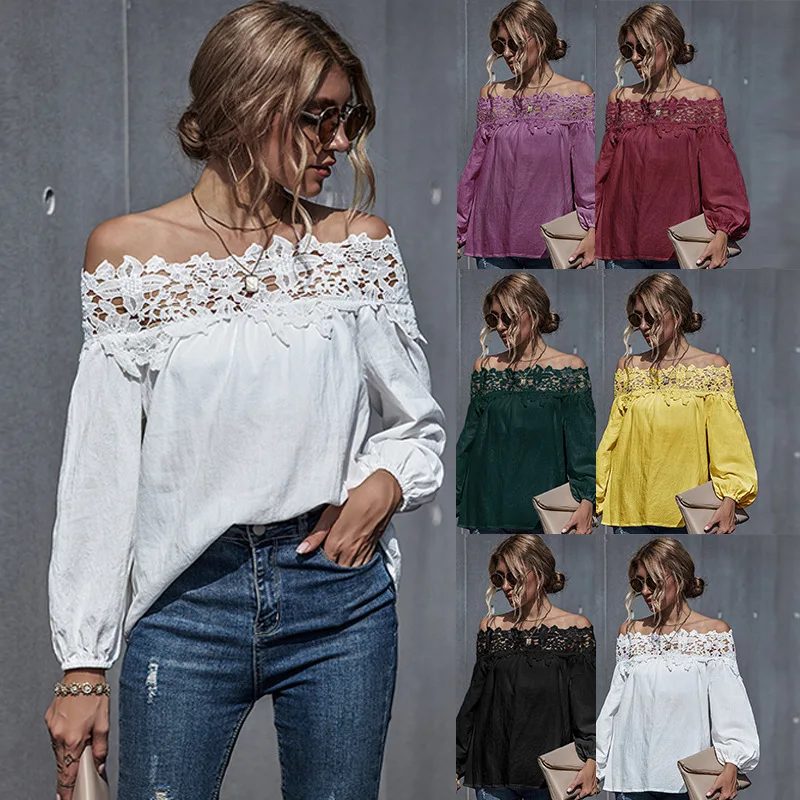 

Autumn and winter new crop tops lace stitching sexy French woman tops fashionable 2021 t-shirts, White, yellow, black, maroon, dark green, purple