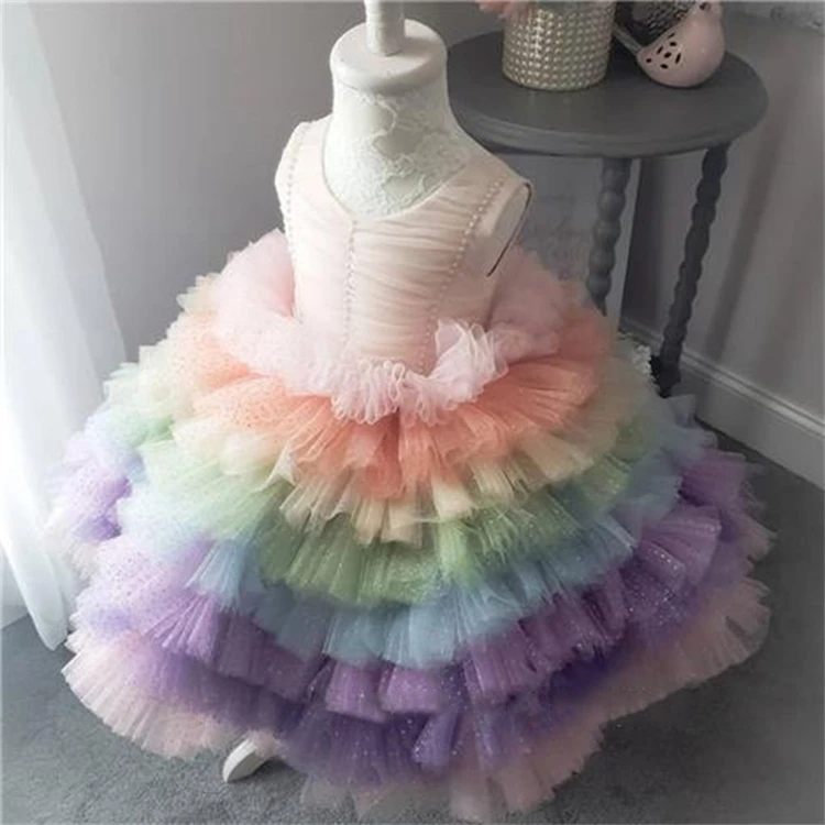 

Hot sale Rainbow Glittering Tulle Wedding Flower Girl Dress Cupcake Kids Party Dress