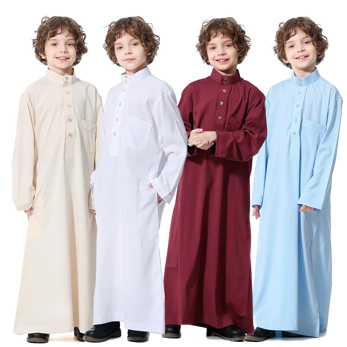 

Traditional Embroidered Breathable Long Sleeve Muslim Clothing Islamic Thobe Boy Muslim Kids Children Clothing, As shown