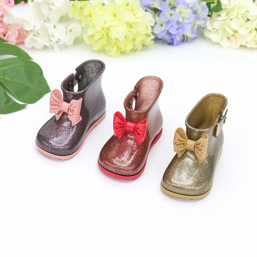 

Wholesale colorful children rain boots cute bow PVC transparent elastic waterproof kids boots, 6 color